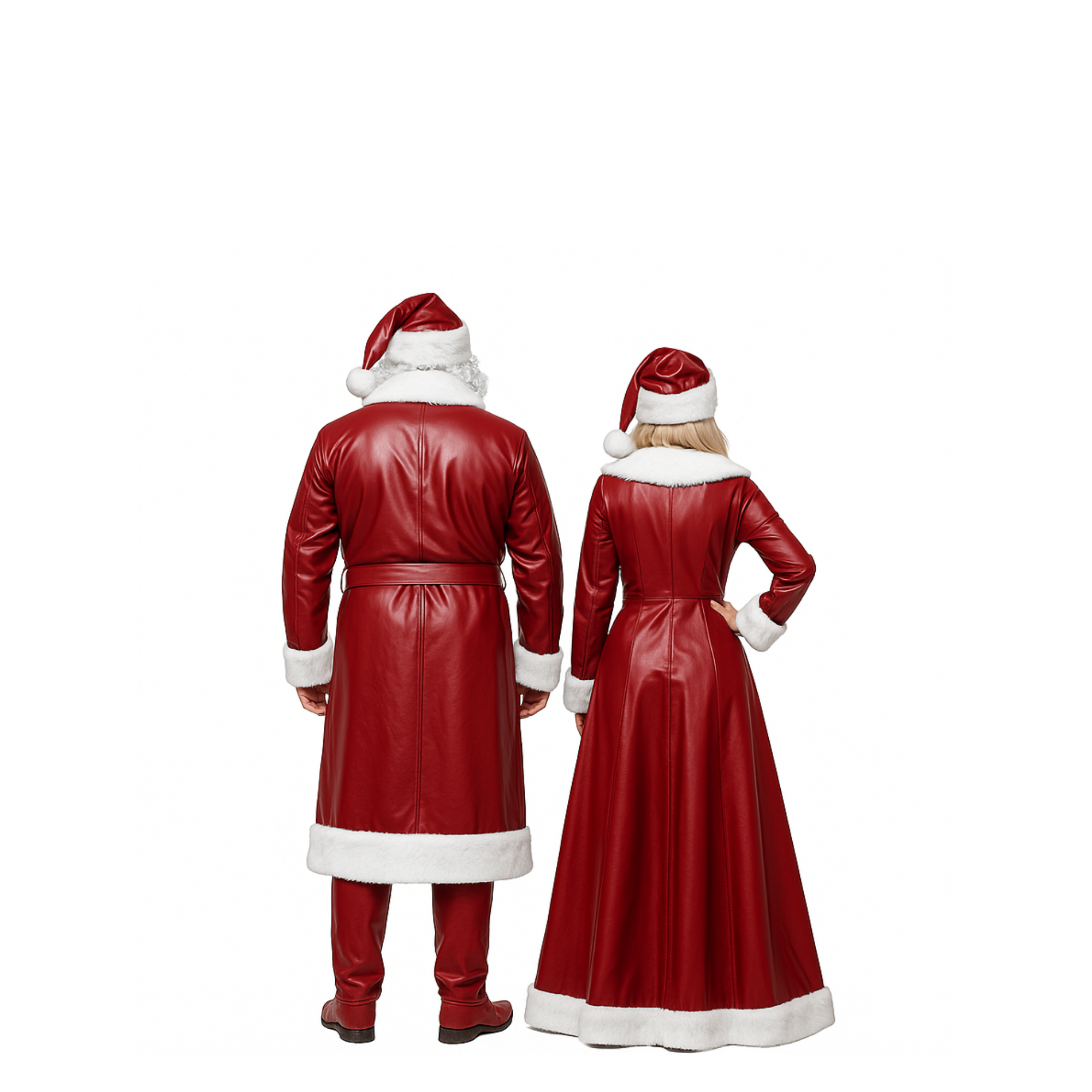 Black and Red Leather Santa & Claus Couple Costume Set โ Christmas Party Cosplay Outfits with White Fur Trim & Matching Hats
