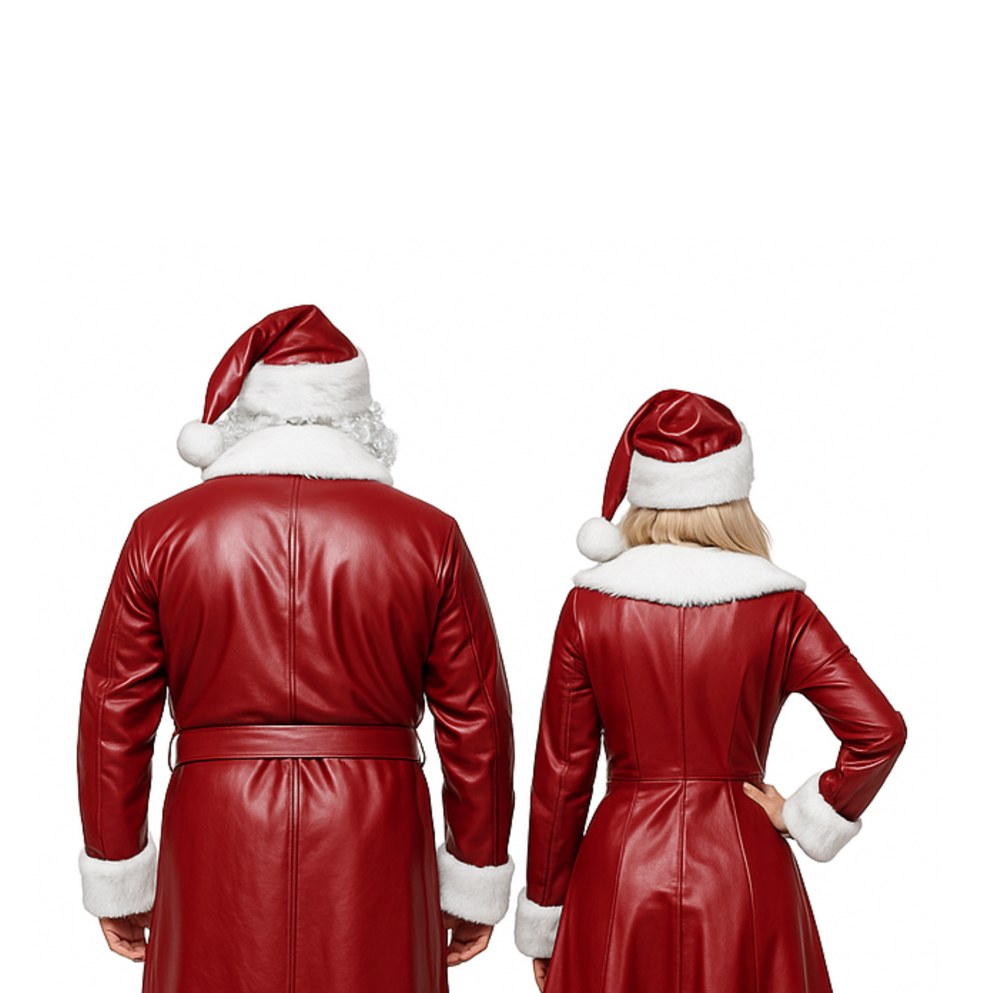 Black and Red Leather Santa & Claus Couple Costume Set โ Christmas Party Cosplay Outfits with White Fur Trim & Matching Hats