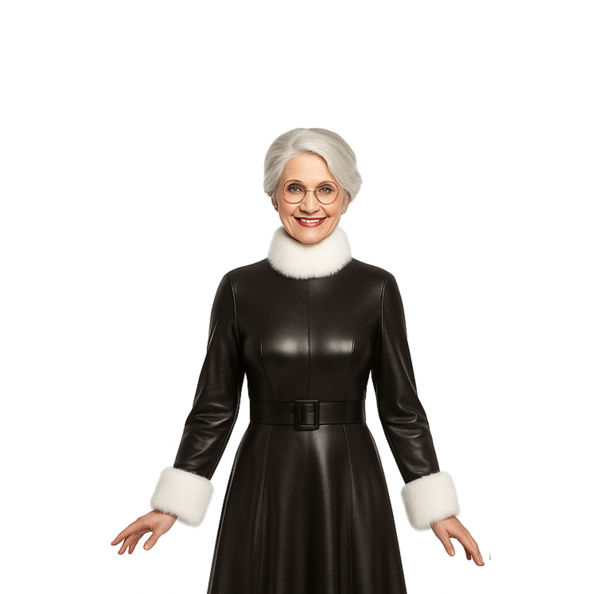 Black Leather Mrs. Claus Christmas Gown – Long Holiday Costume Dress with White Fur Trim - Elegant Festive Outfit for Christmas Parties