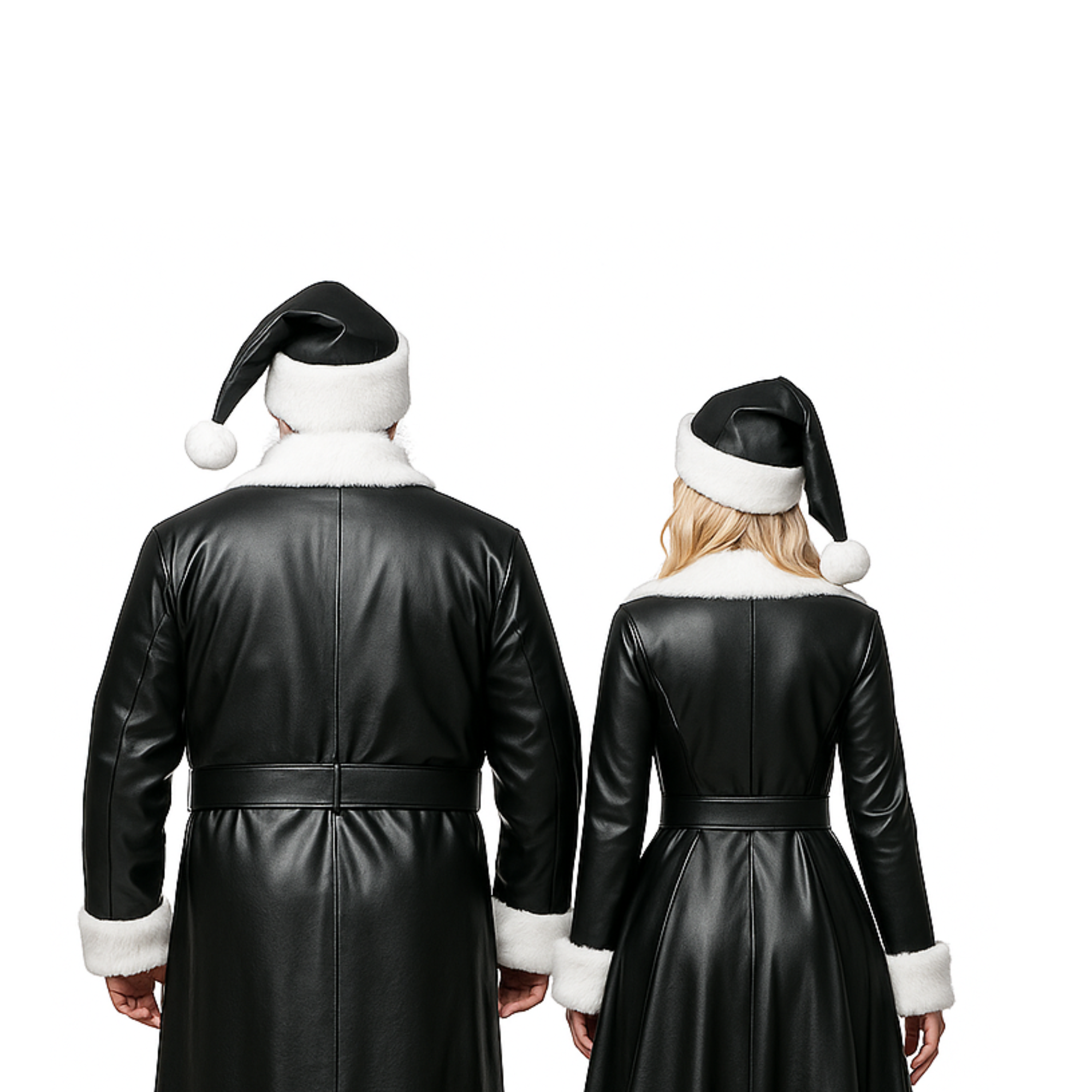 Black and Red Leather Santa & Claus Couple Costume Set โ Christmas Party Cosplay Outfits with White Fur Trim & Matching Hats