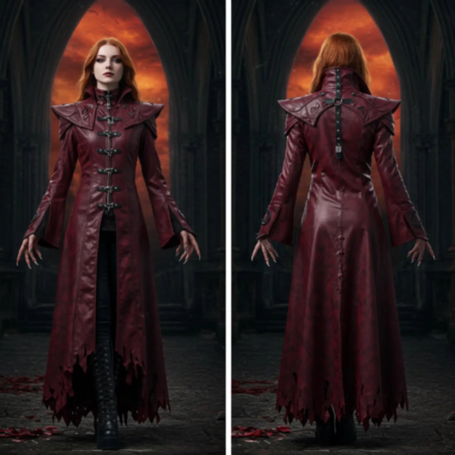 Bloodmoon Oracle – Gothic Vampire Trench Coat for LARP, Halloween, Cosplay - Dark Fantasy Witch Outerwear