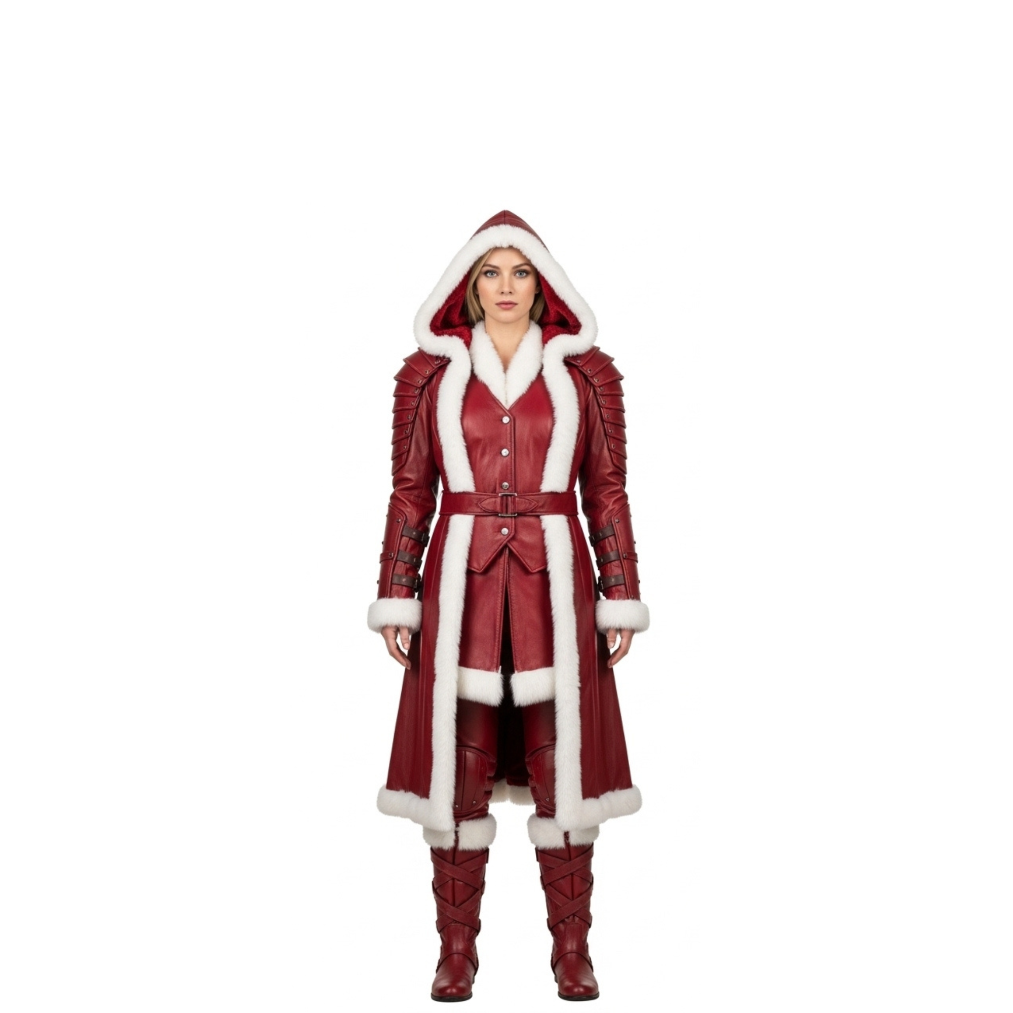 Leather Hooded Coat with White Fur Trim for Women - Fantasy LARP Outfit - Renaissance Festival Costume