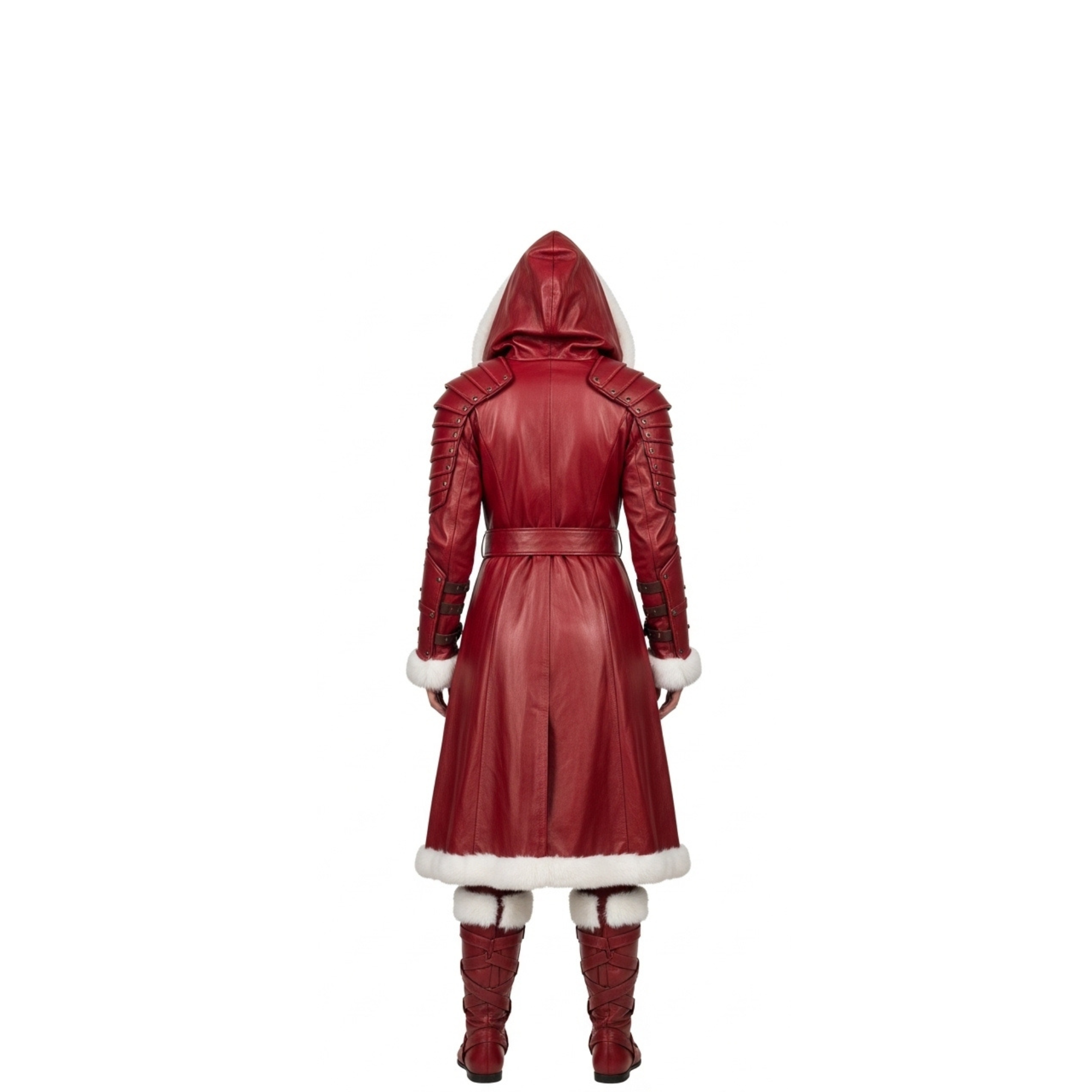 Leather Hooded Coat with White Fur Trim for Women - Fantasy LARP Outfit - Renaissance Festival Costume