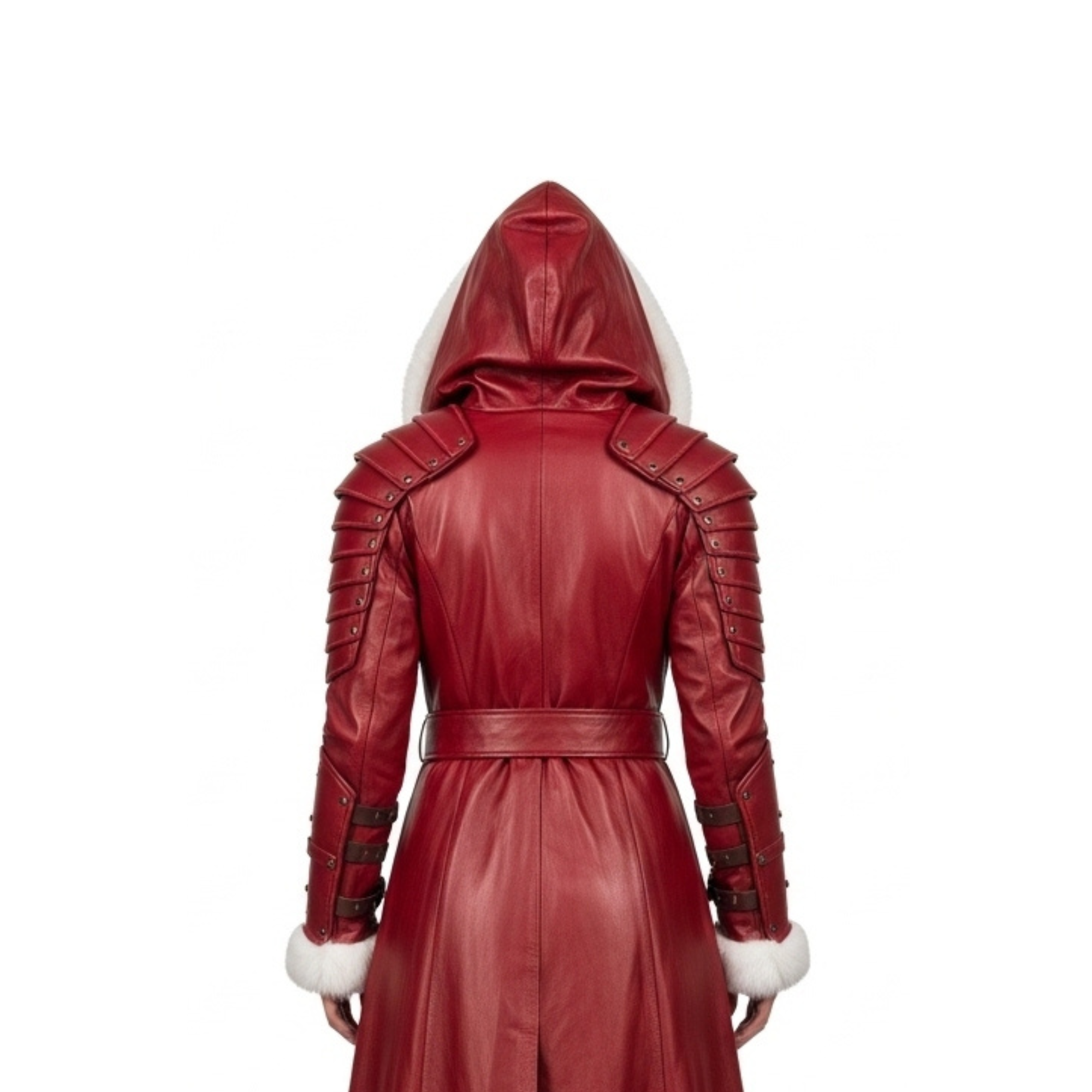 Leather Hooded Coat with White Fur Trim for Women - Fantasy LARP Outfit - Renaissance Festival Costume