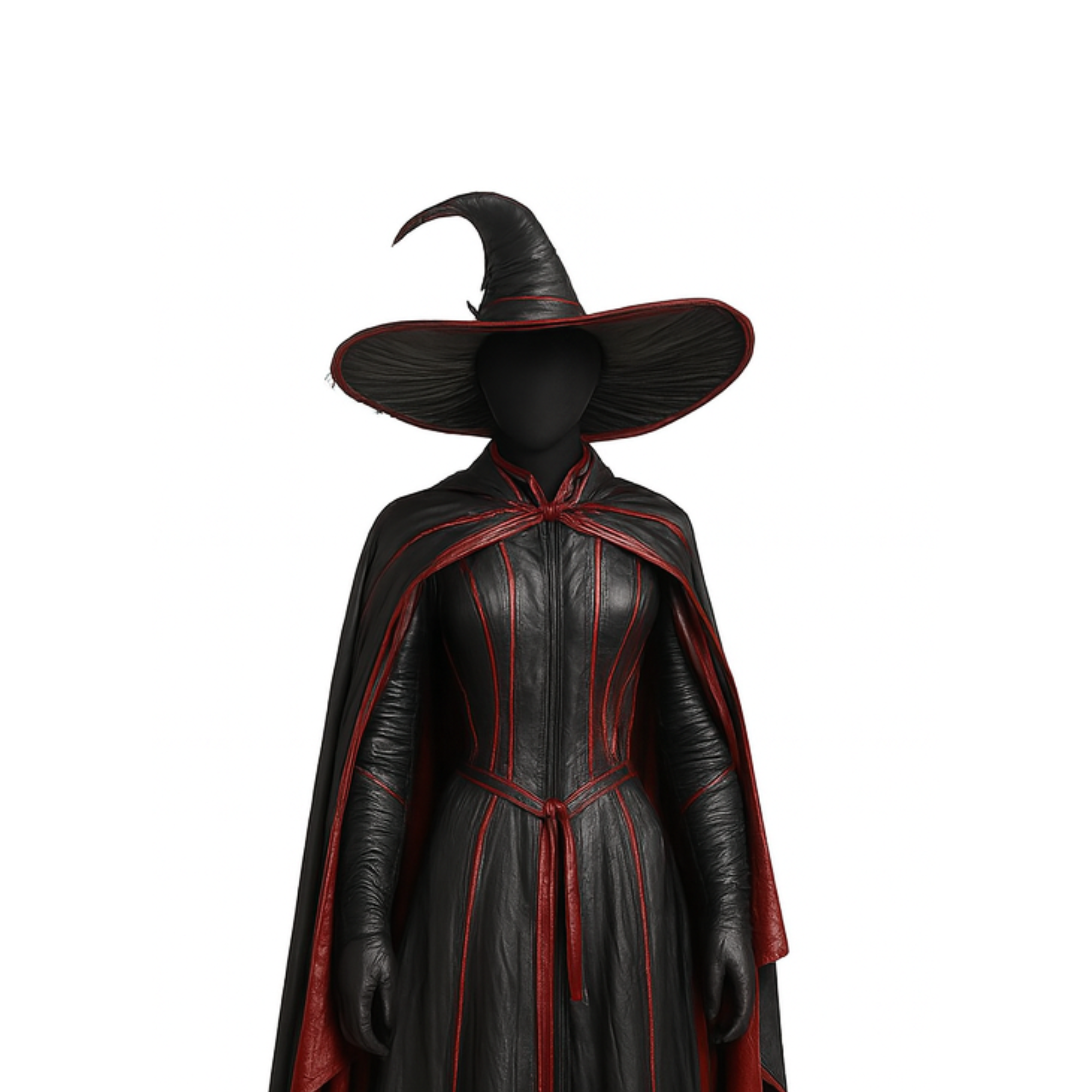 Handmade Black and Red Leather Witch Cloak with Hat – Gothic Halloween Outfit