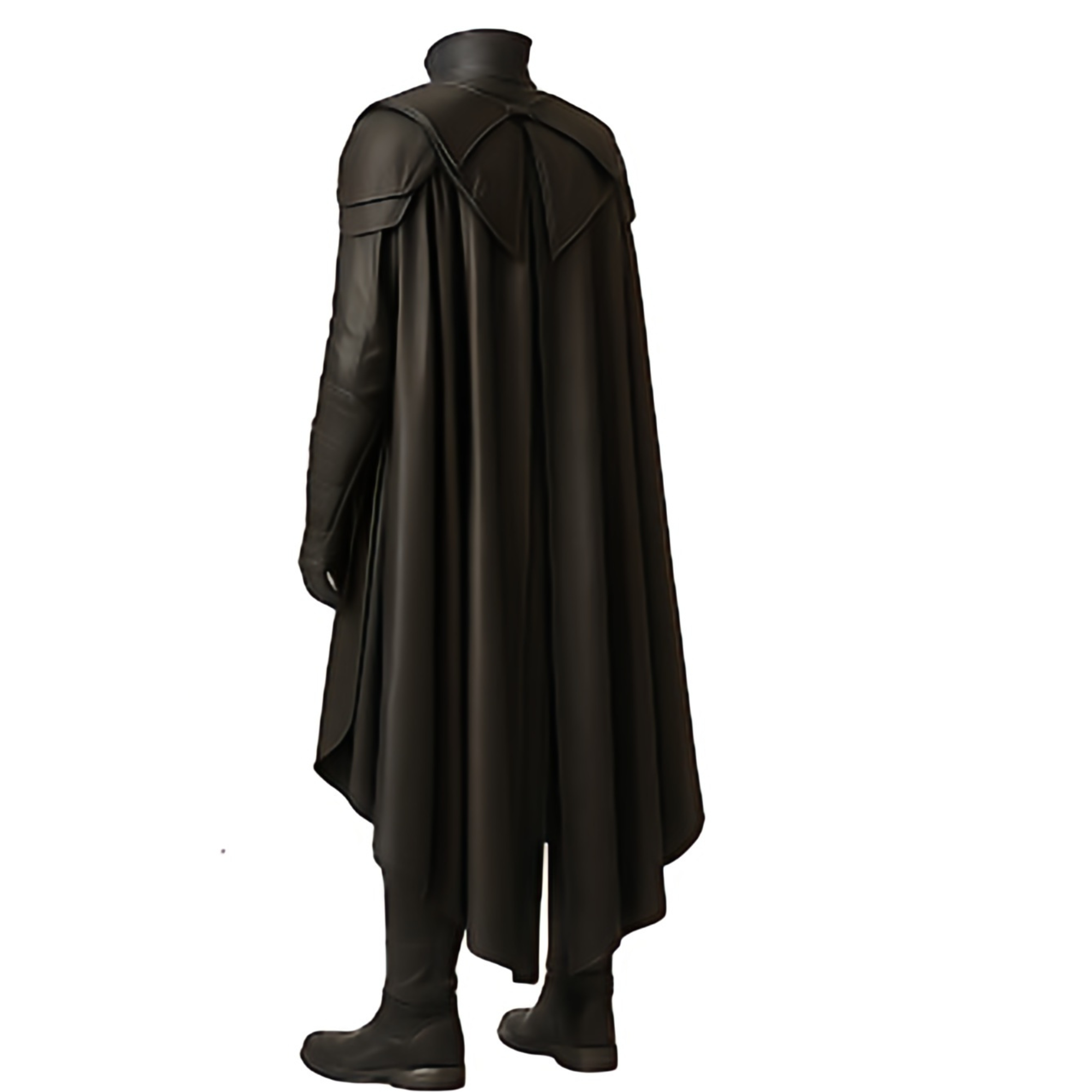 Back view of Medieval Dark Knight Cosplay Costume – Long Black Cape Armor Outfit with Layered Shoulder Design and Gothic Warrior Style - Creed Leather