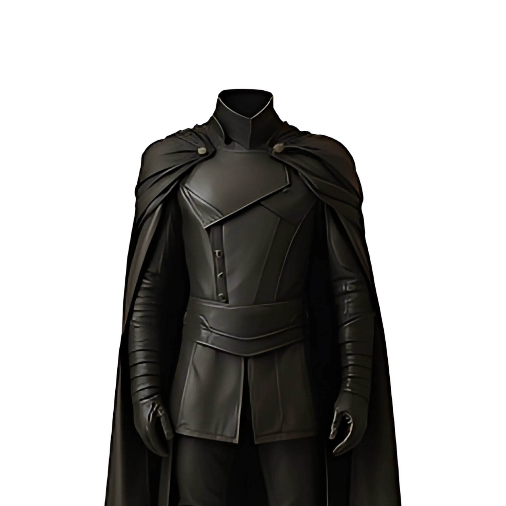 Close-up of Gothic Knight Cosplay Costume Front – Detailed Black Leather Armor, Molded Chest Design, and Fantasy Battle Suit Texture