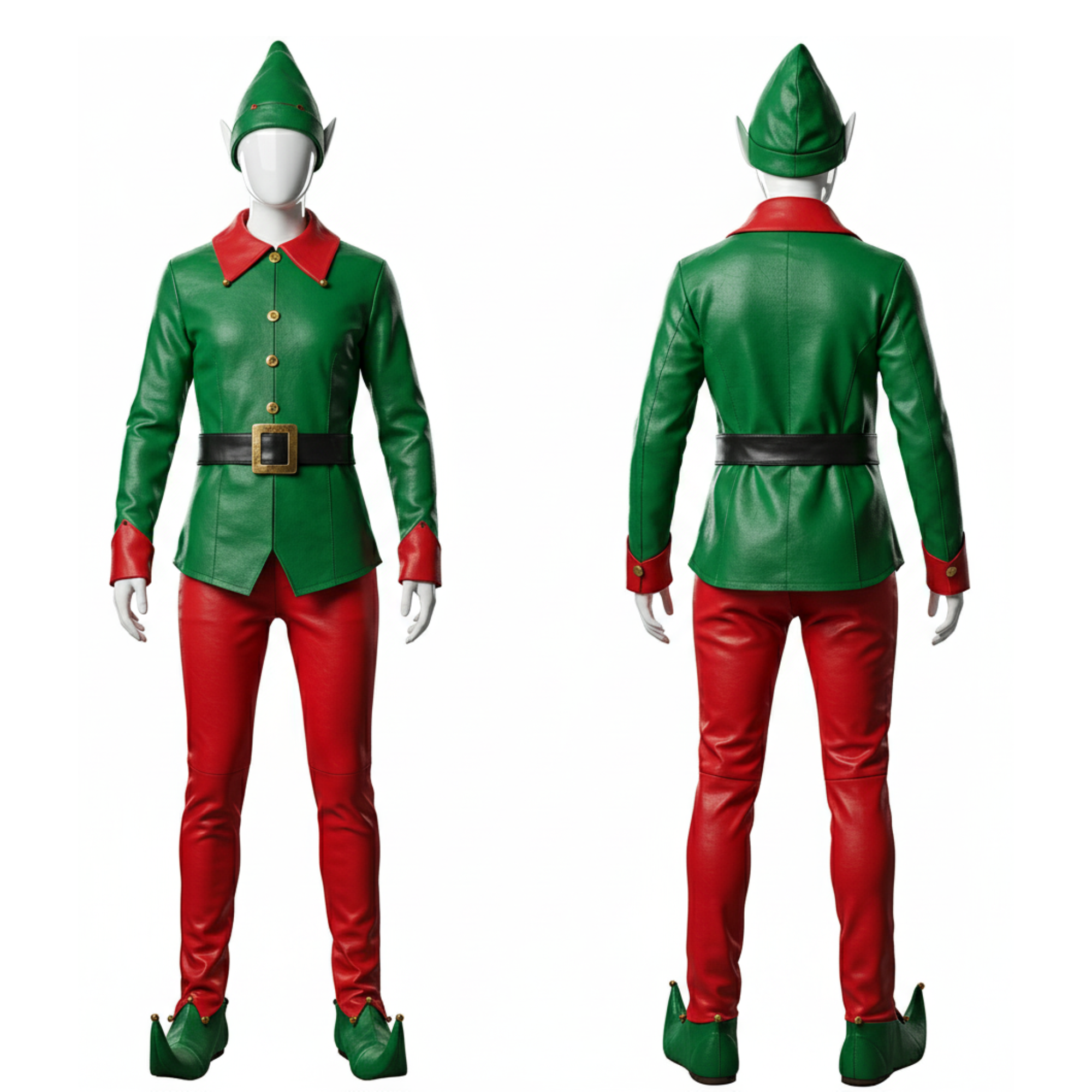 Deluxe Christmas Elf Leather Outfit – Green & Red Cosplay Tunic & Pants - Santa’s Helper Costume for Holiday Fun