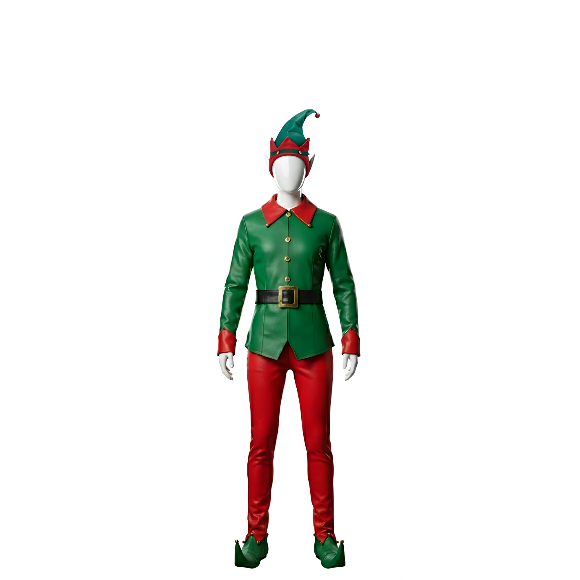 Deluxe Leather Christmas Elf Costume – Green & Red Holiday Outfit