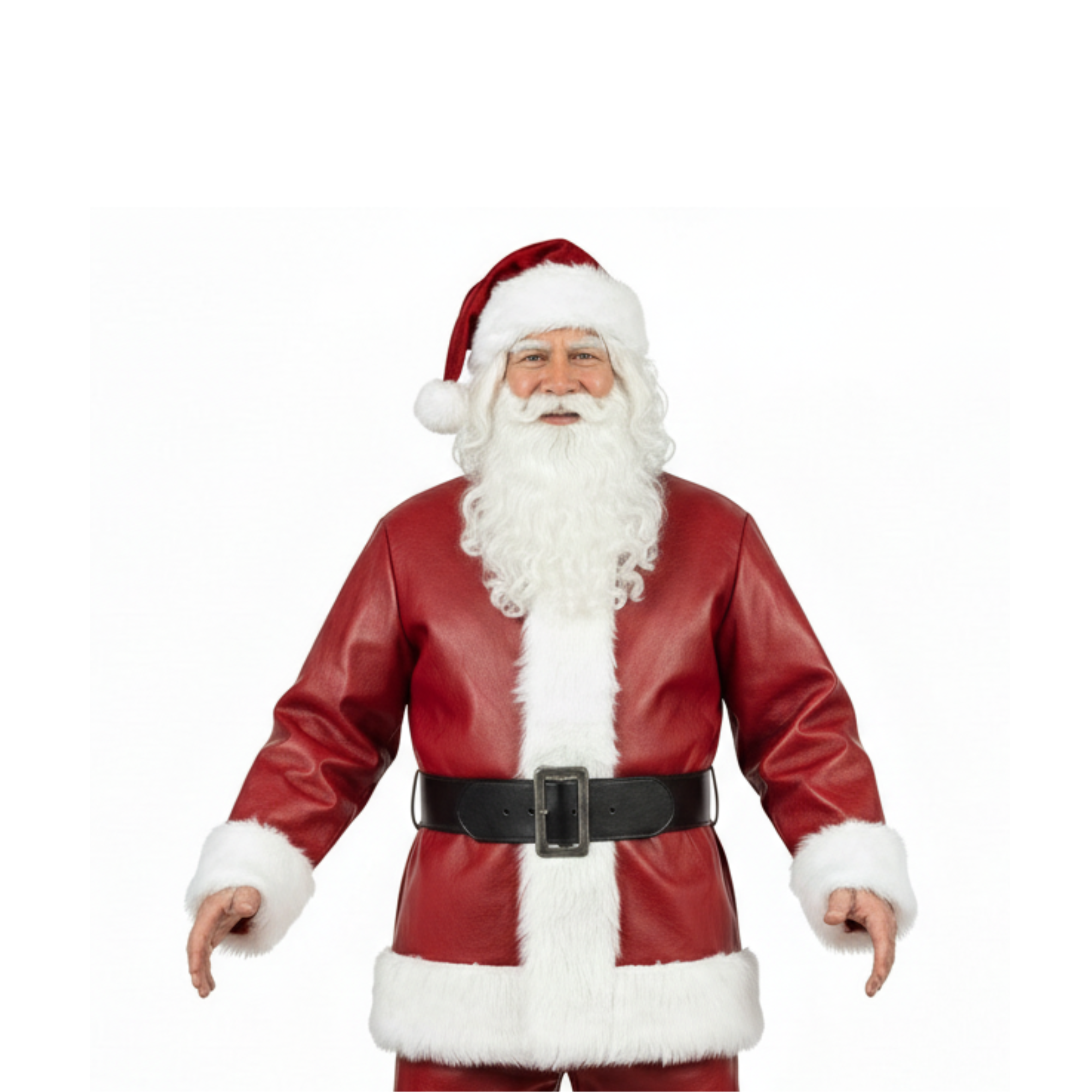 Deluxe Santa Claus Red Leather Costume: Fur Trim Coat, Pants & Cap