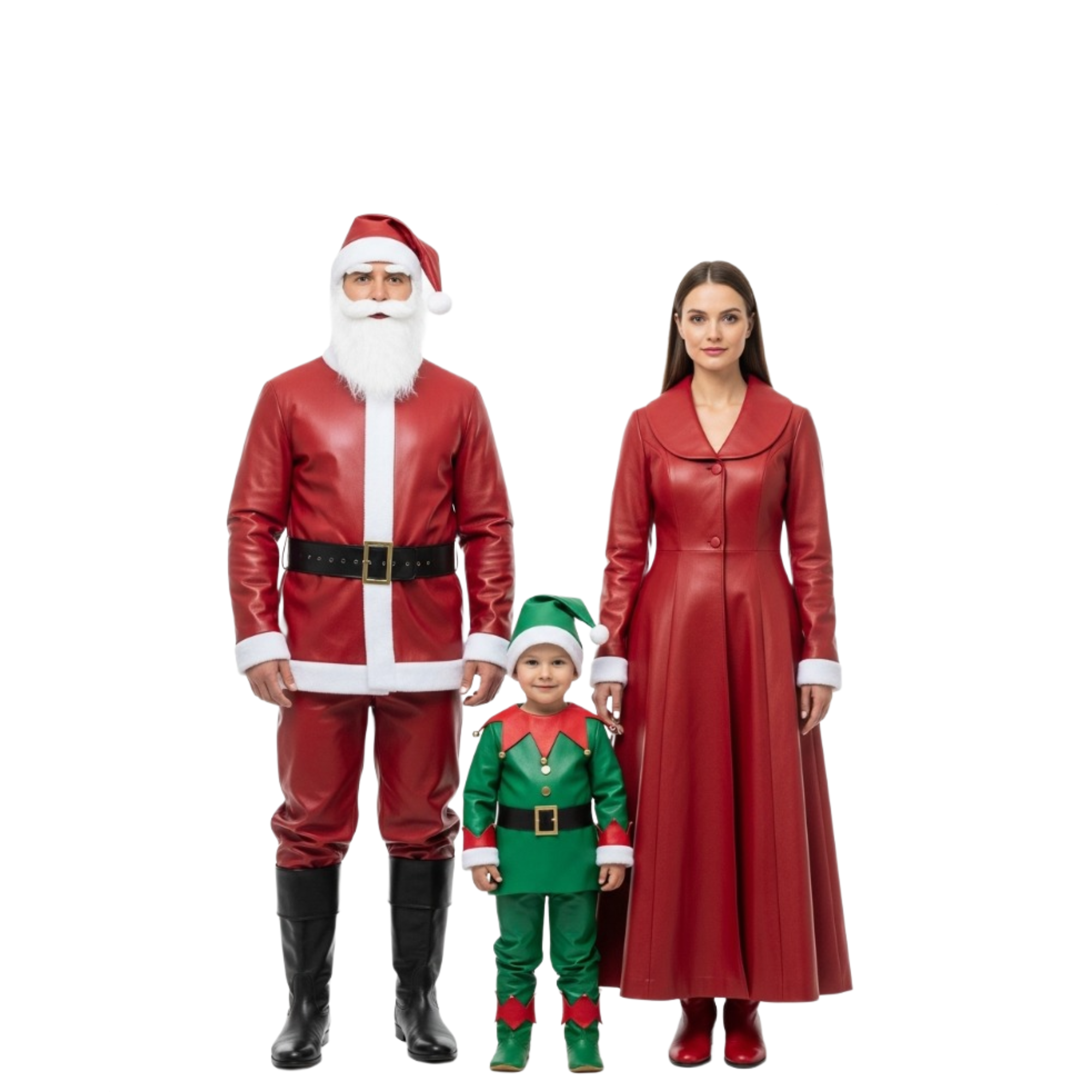 Family Christmas Leather Costume Set – Santa Claus, Mrs. Claus & Elf Outfits - Holiday Party Matching Family Cosplay