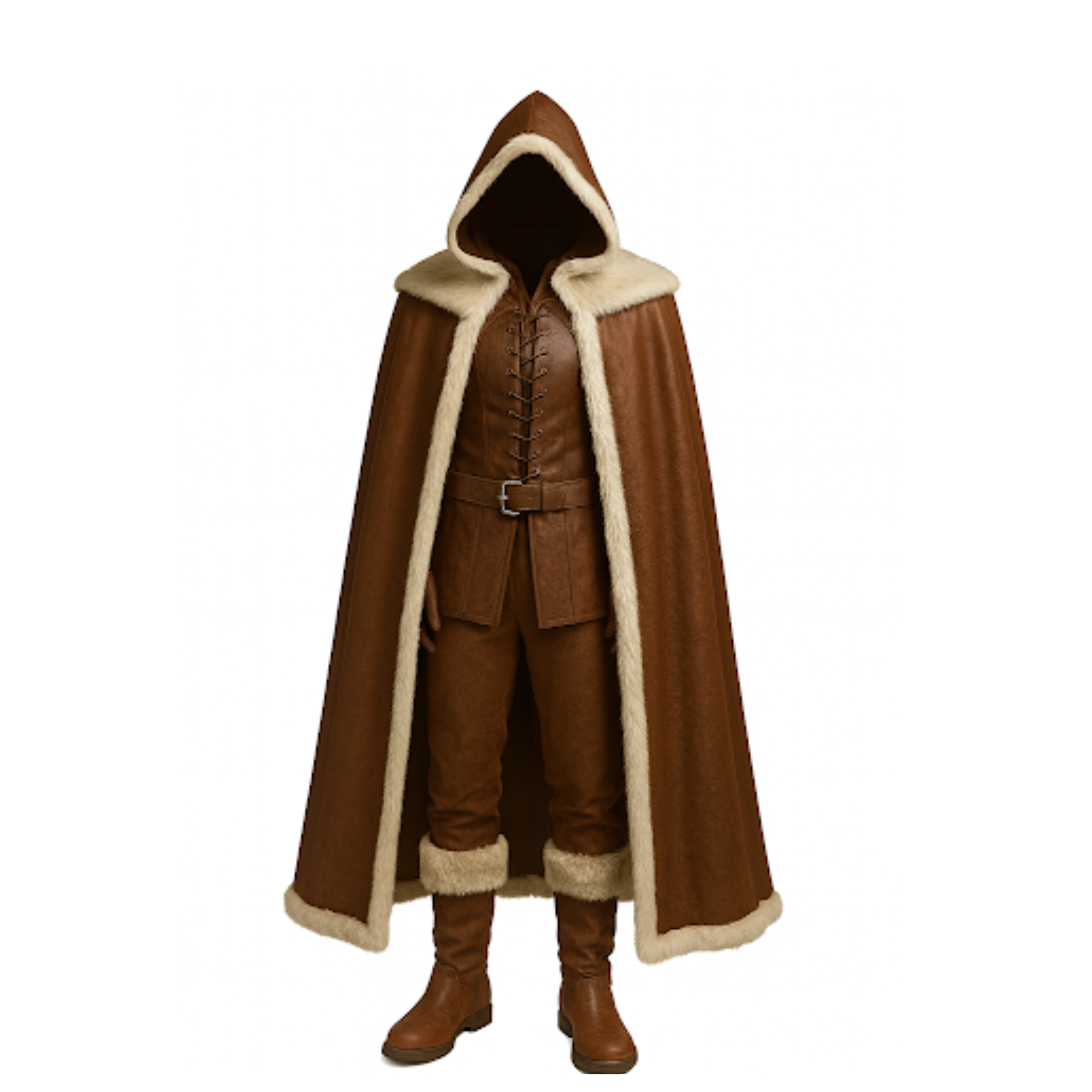 Frostland Tracker Fur Cloak Costume Set - Brown Medieval Hooded Cloak - Leather Medieval Cloak with Vest For Cosplay - LARP & Cosplay Outfit