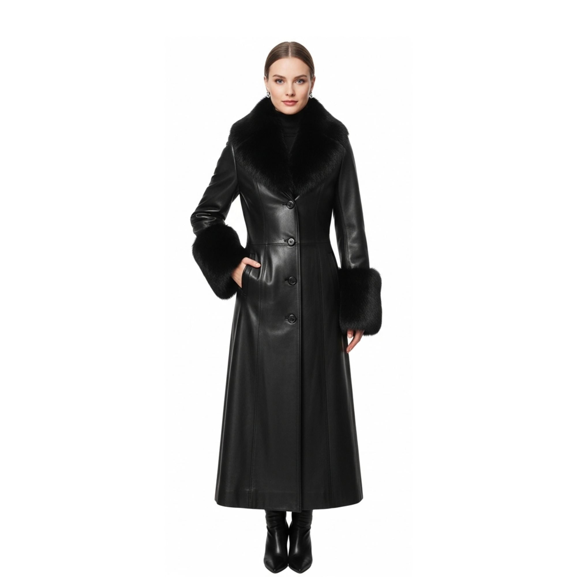 Fur Trim Black Leather Coat - Full Length Gothic Winter Outerwear