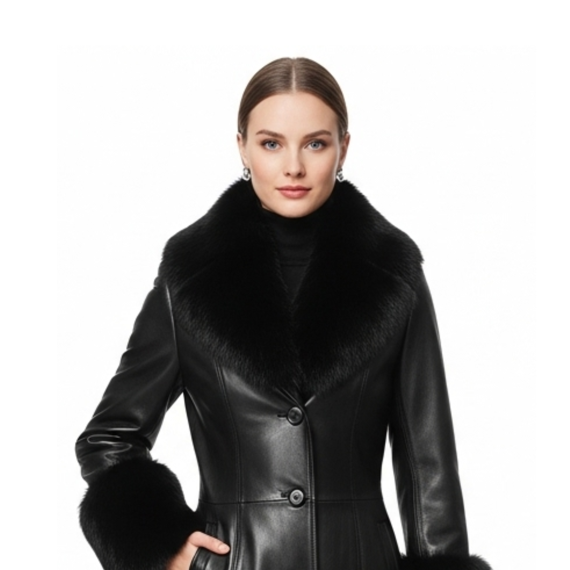 Fur Trim Black Leather Coat - Full Length Gothic Winter Outerwear