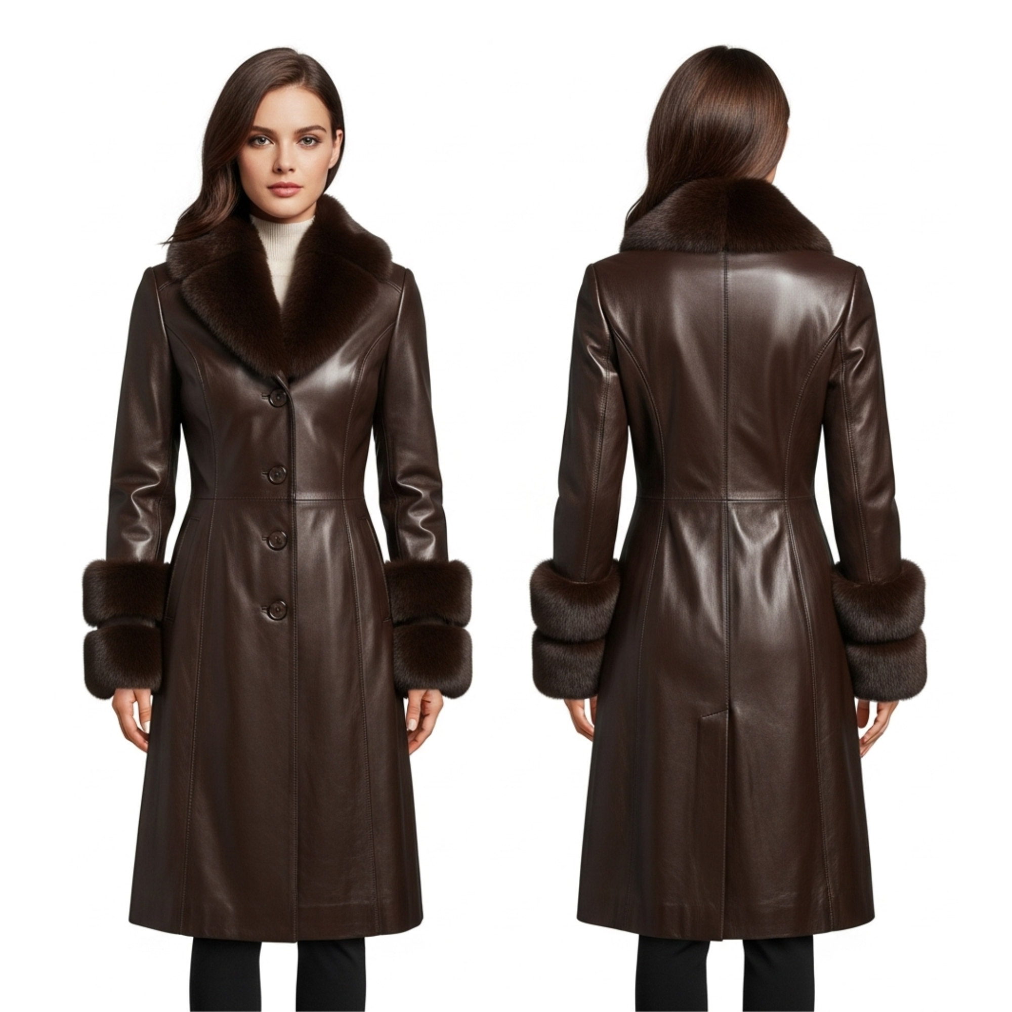 Handmade Brown Leather Long Coat – Fur Collar & Cuffs, Winter Outerwear