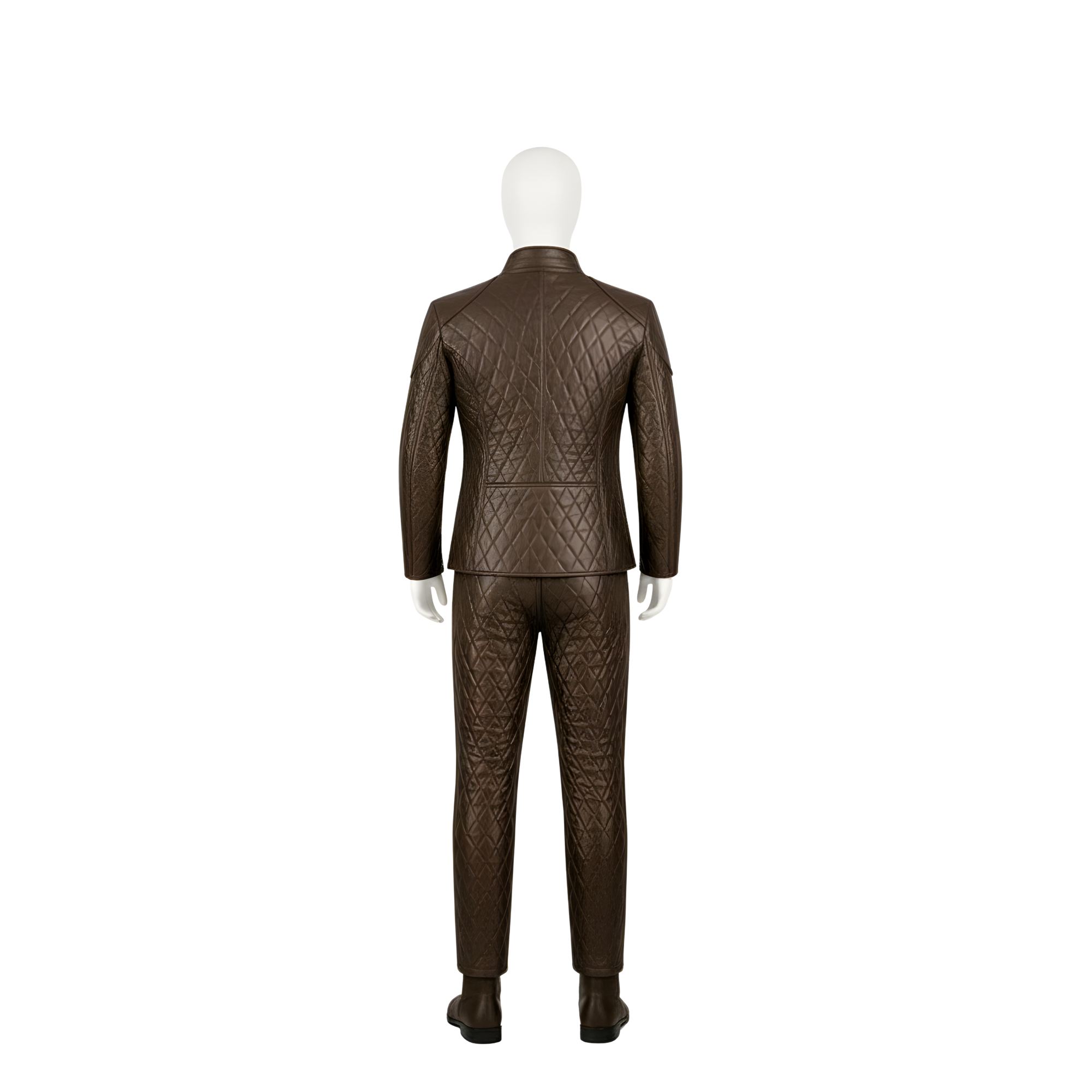 Back view of handmade brown quilted leather jerkin and matching pants, medieval Renaissance leather LARP costume showcasing full diamond-quilted leather pattern and tailored silhouette. - Creed Leather