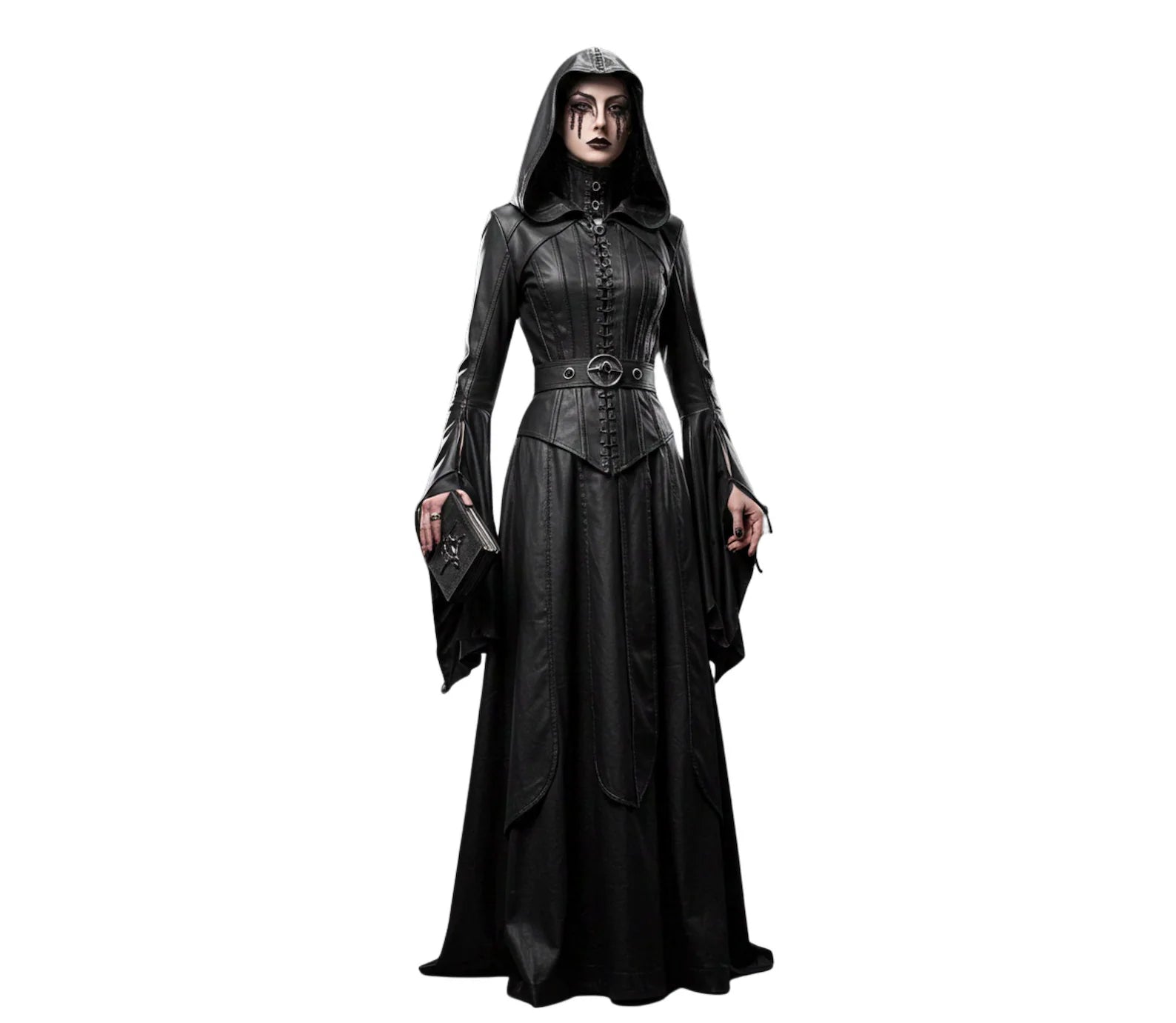 Handmade Ritual Huntress Gothic Leather Robe with Hood – Witch Costume for Halloween - Gothic Fantasy Dress - Evil Queen Cosplay Robe