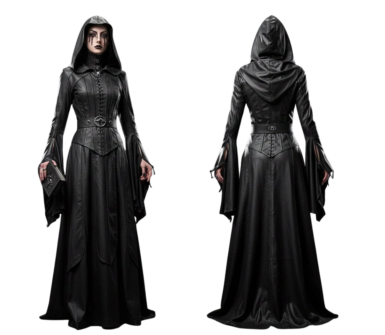 Handmade Ritual Huntress Gothic Leather Robe with Hood – Witch Costume for Halloween - Gothic Fantasy Dress - Evil Queen Cosplay Robe