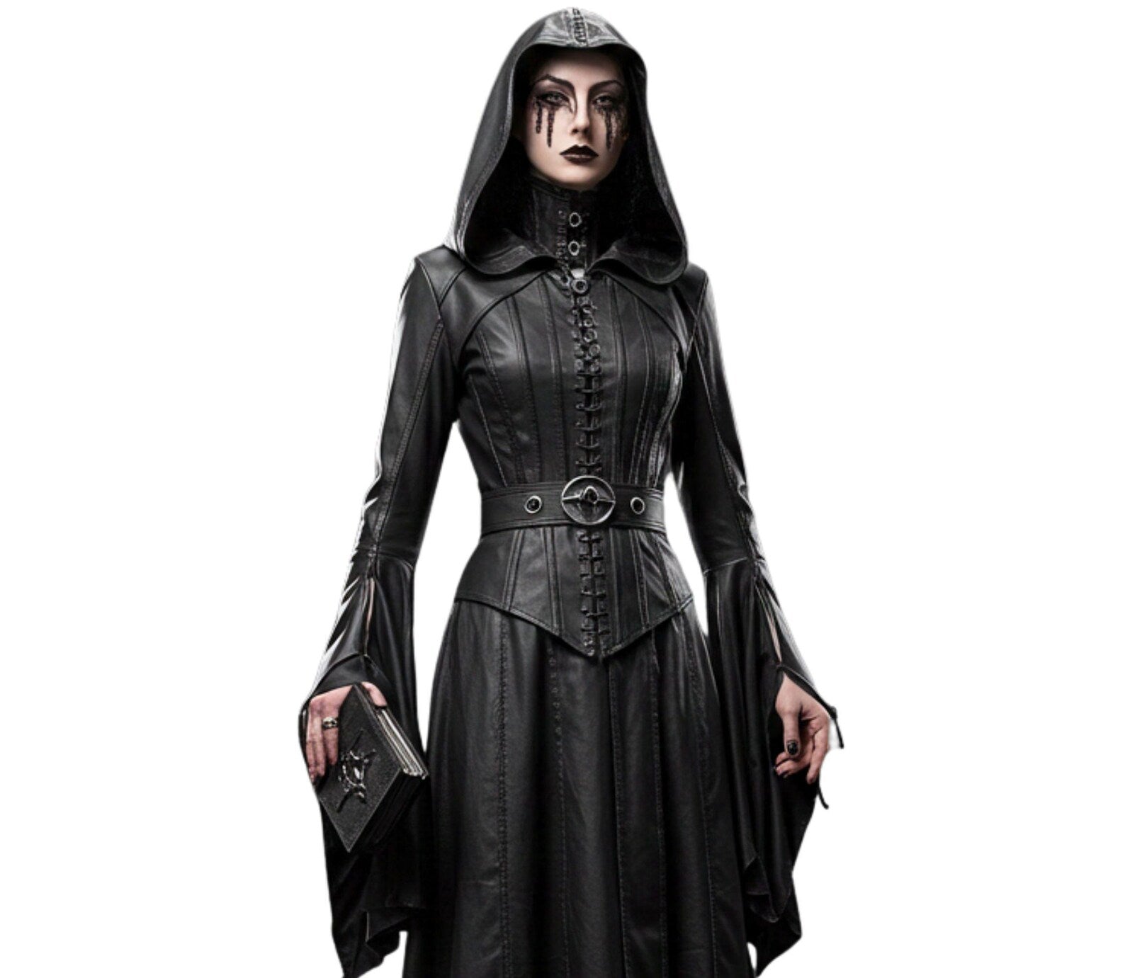 Handmade Ritual Huntress Gothic Leather Robe with Hood – Witch Costume for Halloween - Gothic Fantasy Dress - Evil Queen Cosplay Robe