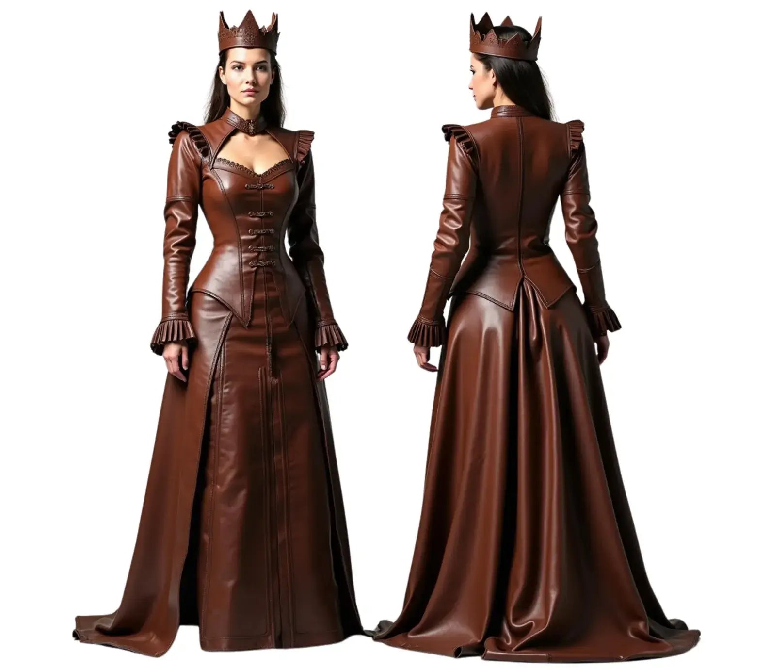 The Shadow Queen costume in chocolate brown leather with gold accents, featuring a royal queen design, perfect for gothic queen cosplay, renaissance costume, and medieval fantasy looks. - Creed Leather
