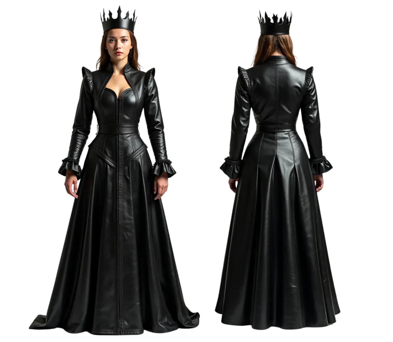 The Shadow Queen costume in black leather with gold accents, featuring gothic queen dress style, crown for women, and elegant medieval fantasy gown for queen cosplay or Halloween. - Creed Lether