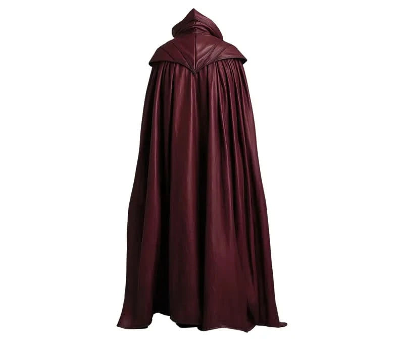 Gothic warrior leather cosplay cloak, red/black palette, adjustable lace front and tall collar; Renaissance fair costume for men; fantasy battle and Dark Knight looks. Back Side View of Vampire costume. - Creed Leather