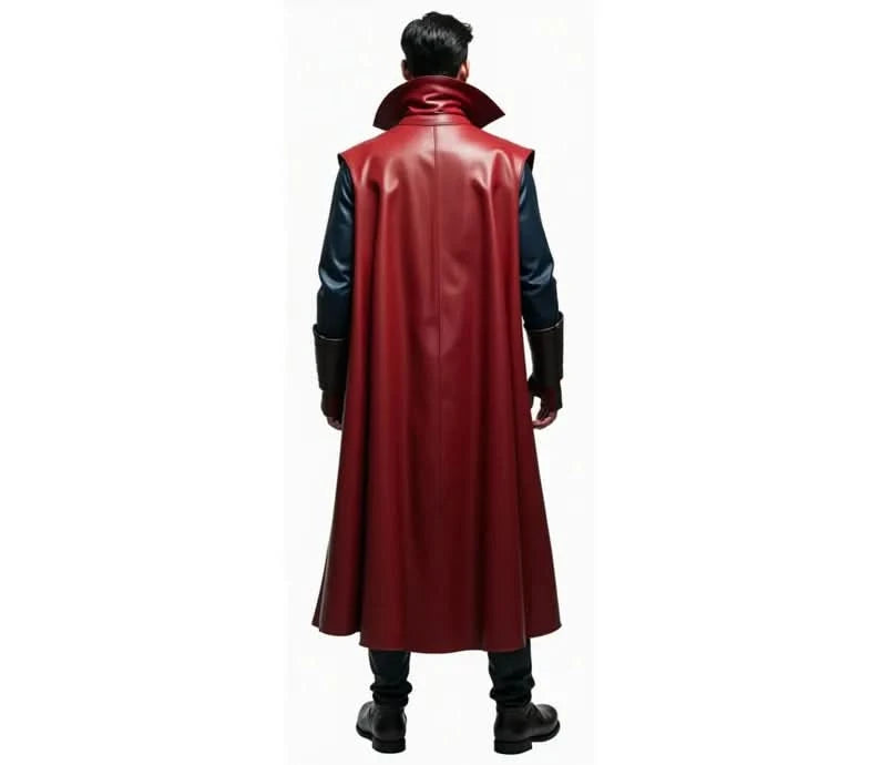 back view of Doctor Strange-inspired cosplay costume featuring a long red cloak, blue tunic with red accents, high collar, brown belt, and tall boots. - Creed Leather