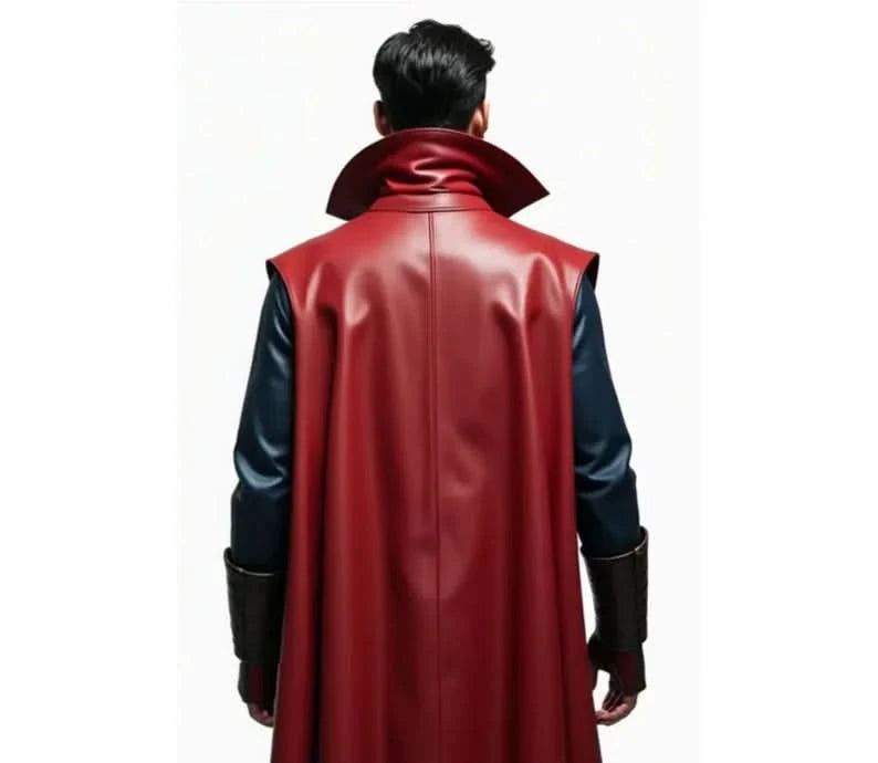 close up back view of Doctor Strange cosplay costume for men featuring a detailed blue leather tunic, red cape, and superhero cloak; ideal Marvel cosplay outfit for festivals, Halloween, or conventions. This Dr. Strange costume includes elements of a classic Marvel superhero outfit, perfect for fans of superhero cosplay, fantasy costumes, and leather costumes. Great choice for superhero Halloween costume or Marvel cosplay costumes. - Creed Leather