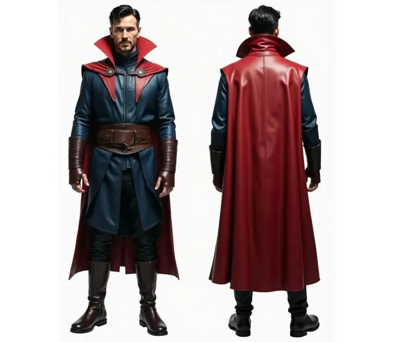 Front and back view of a Doctor Strange-inspired cosplay costume featuring a long red cloak, blue tunic with red accents, high collar, brown belt, and tall boots. - Creed Leather