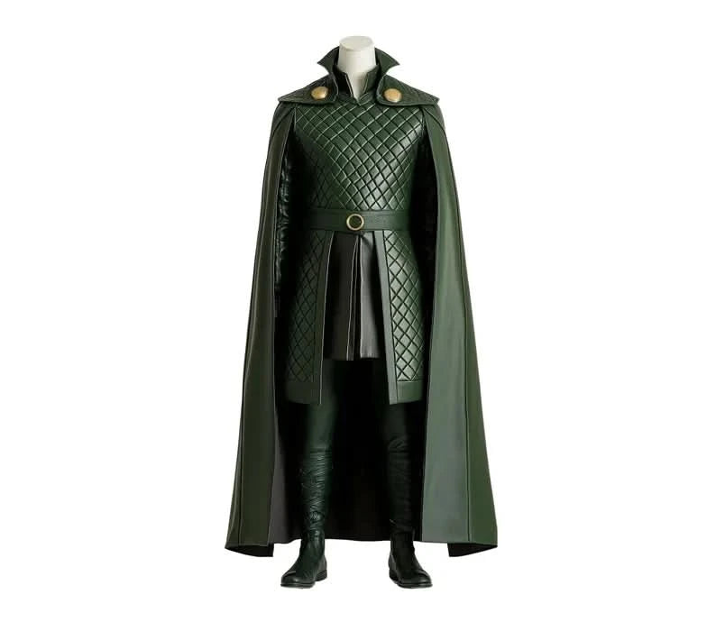 Loki cosplay costume with leather cloak and quilted fantasy armor. Perfect Marvel-inspired superhero outfit for men, featuring a flowing cape and green armor details. - Creed Leather