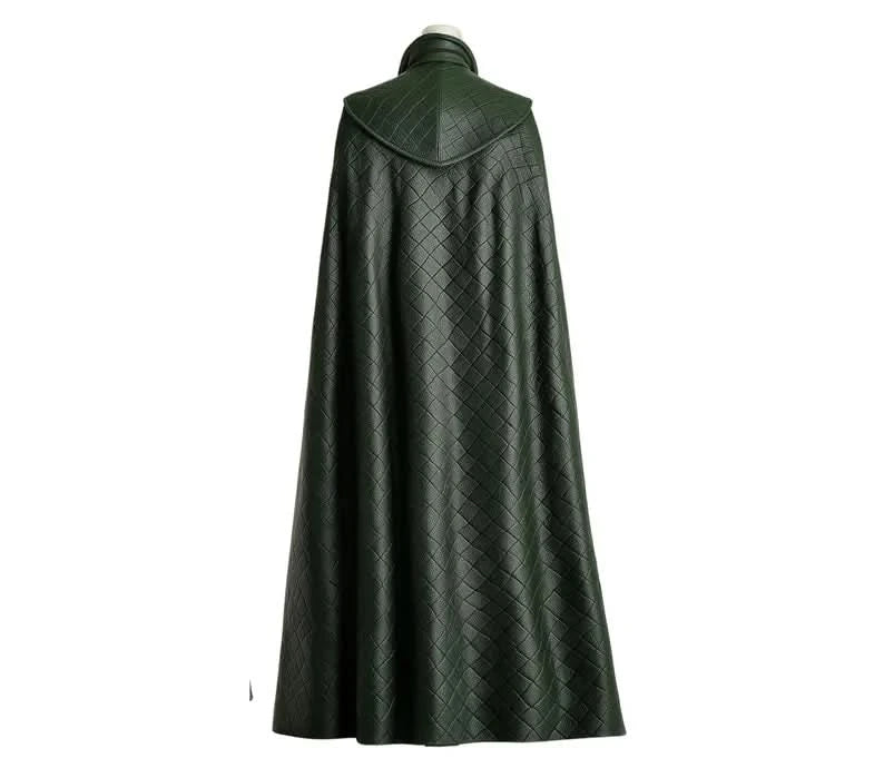 back of Loki cosplay costume, highlighting the quilted leather cloak, detailed armor design, and premium craftsmanship for a unique fantasy look. - creed Leather