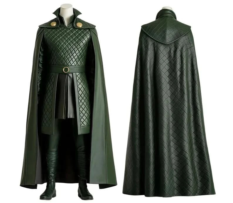Front and back view of Loki cosplay costume featuring a leather cloak, quilted textures, green fantasy armor, and flowing leather cape. Perfect for superhero and fantasy cosplay. - Creed Leather