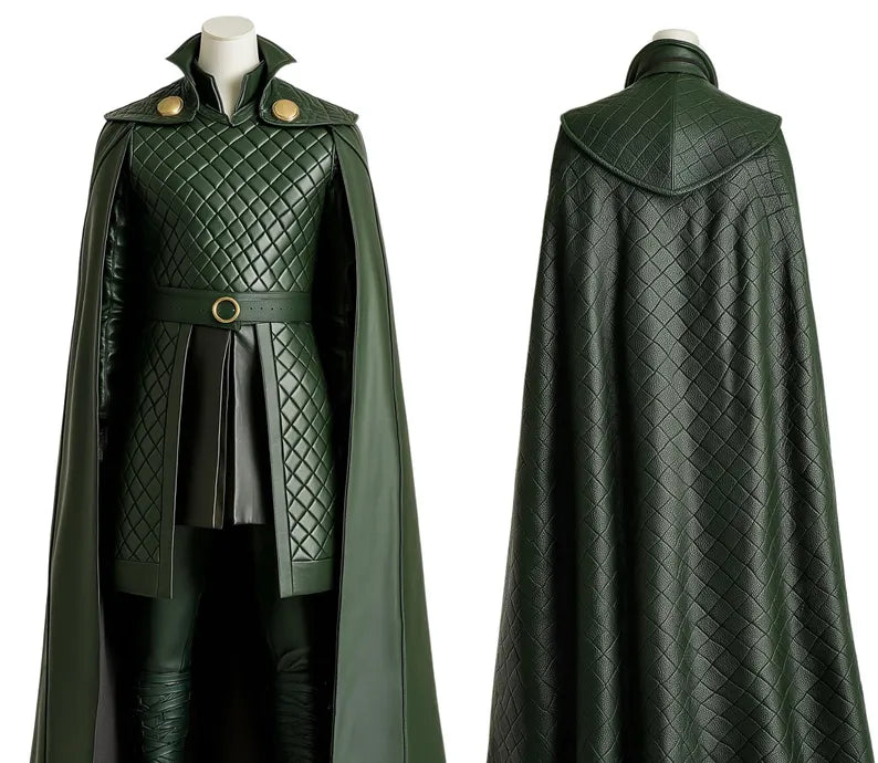 The Trickster King - Genuine Green Leather Loki Odin Cosplay Costume - Leather Superhero Quilted Cloak With Vest - Festival Leather Outfit - Halloween Costume