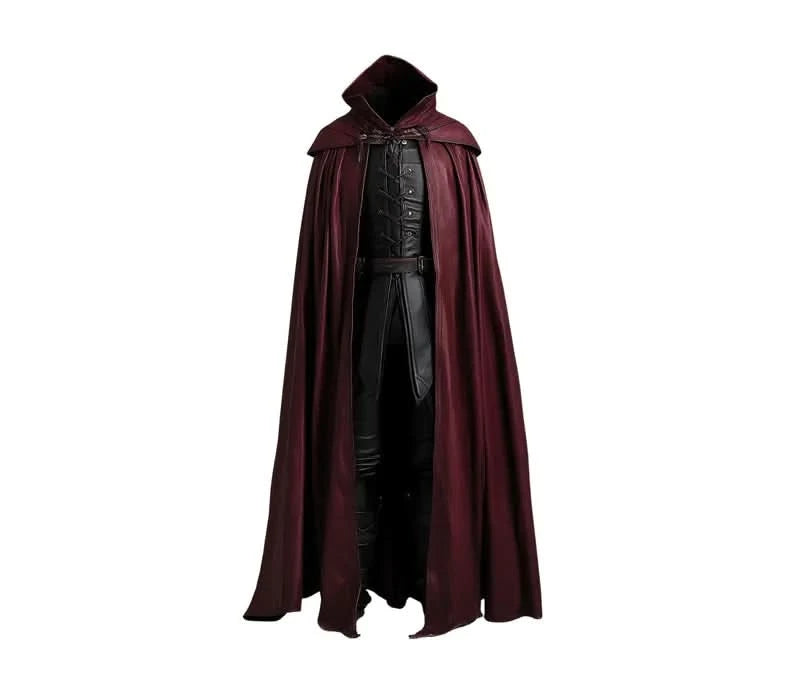 Front view of red-and-black leather vampire cosplay cloak Costume â high collar, lace-up front; medieval gothic LARP/Renaissance fair costume for men.