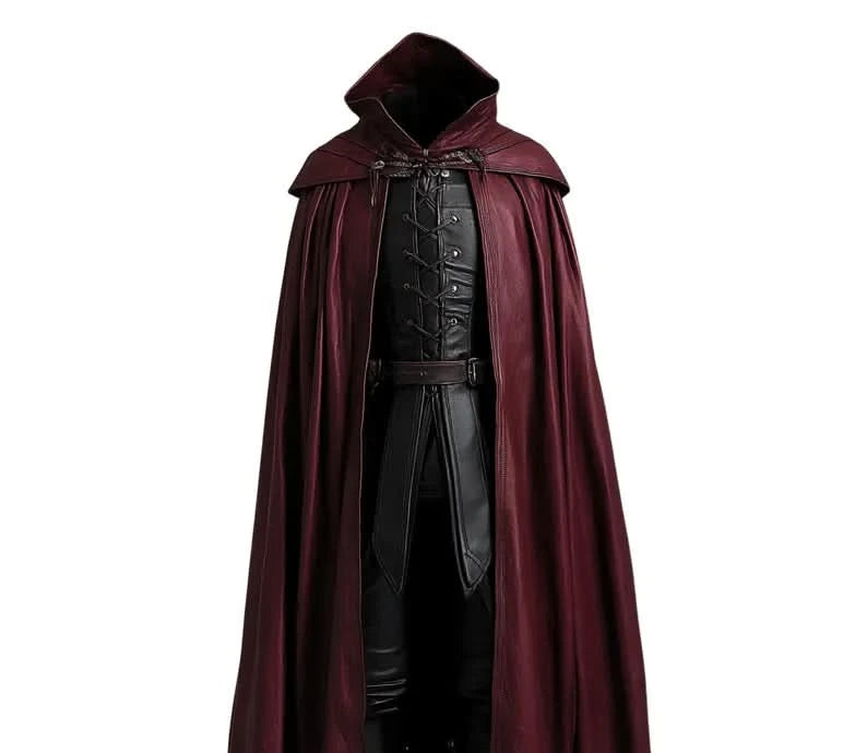 Red-and-black leather vampire cosplay cloak with hood â medieval gothic LARP/Renaissance fair costume for men, high collar and lace-up fit. - Creed Leather