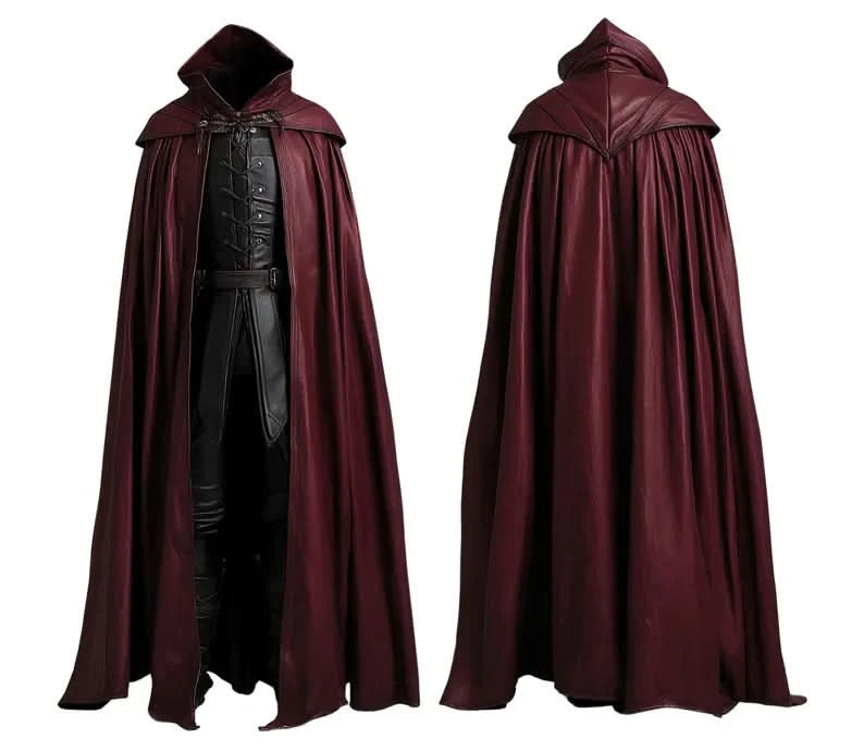red-and-black leather vampire cosplay cloak with hood â high collar, lace-up front; medieval gothic LARP/Renaissance fair costume for men. Front and Back View