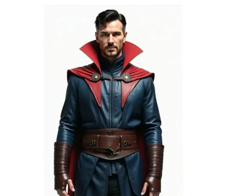 Doctor Strange cosplay costume for men featuring a detailed blue leather tunic, red cape, and superhero cloak; ideal Marvel cosplay outfit for festivals, Halloween, or conventions. This Dr. Strange costume includes elements of a classic Marvel superhero outfit, perfect for fans of superhero cosplay, fantasy costumes, and leather costumes. Great choice for superhero Halloween costume or Marvel cosplay costumes. - Creed Leather