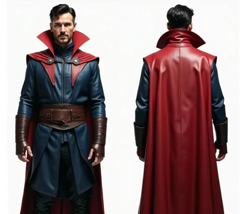 Close-up view of Front and back view of a Doctor Strange-inspired cosplay costume featuring a long red cloak, blue tunic with red accents, high collar, brown belt, and tall boots.