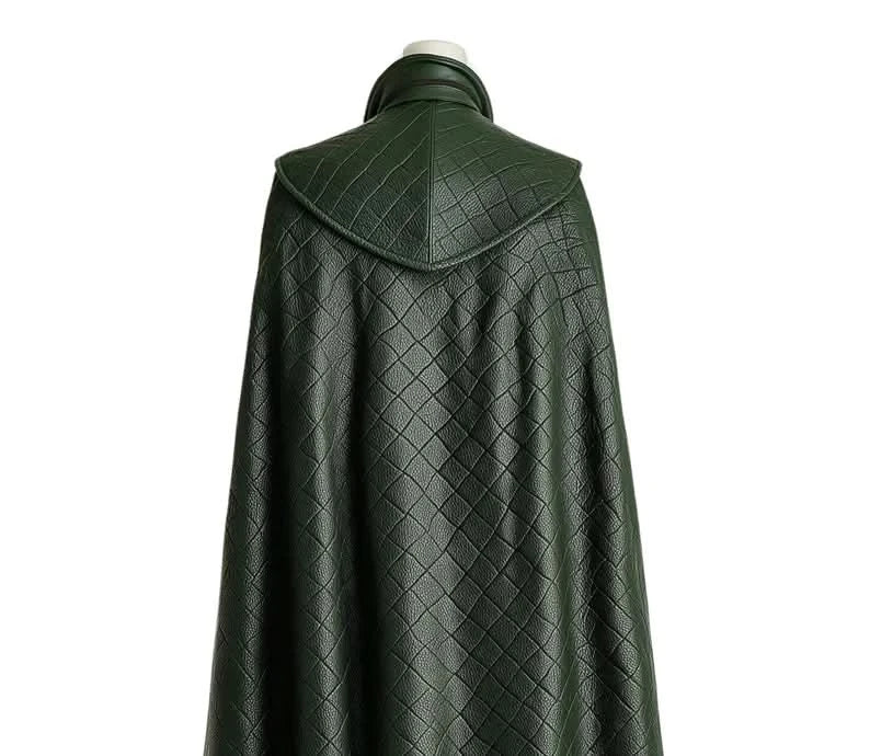 Close-up view of the back of Loki cosplay costume, highlighting the quilted leather cloak, detailed armor design, and premium craftsmanship for a unique fantasy look. - creed leather