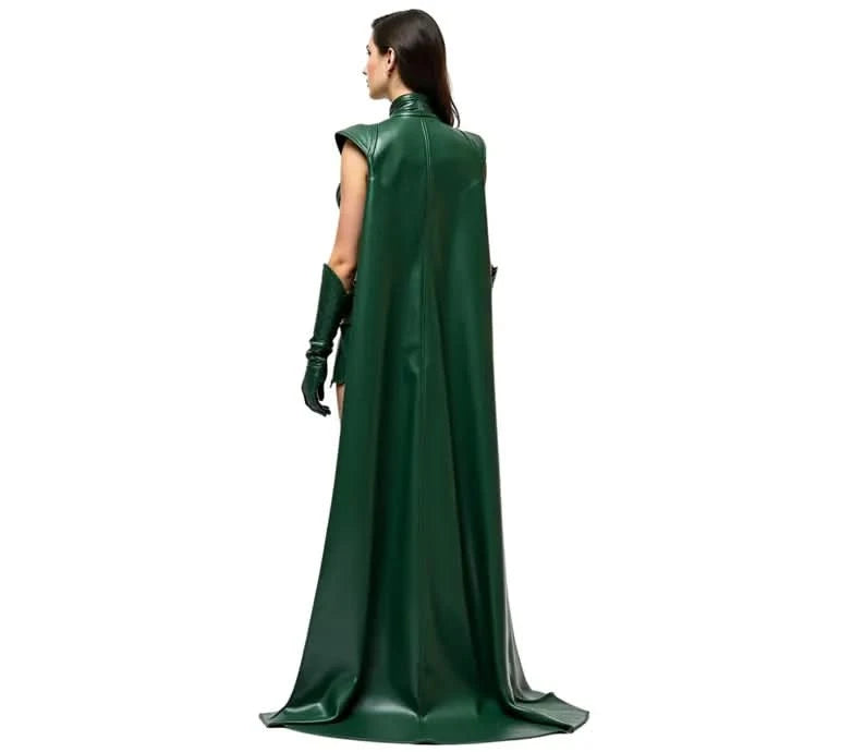 Back view of the Female Loki costume, showcasing the flowing cape, detailed green superheroine outfit with gold accents, and high boots, designed for a powerful and seductive warrior look perfect for cosplay or Halloween.