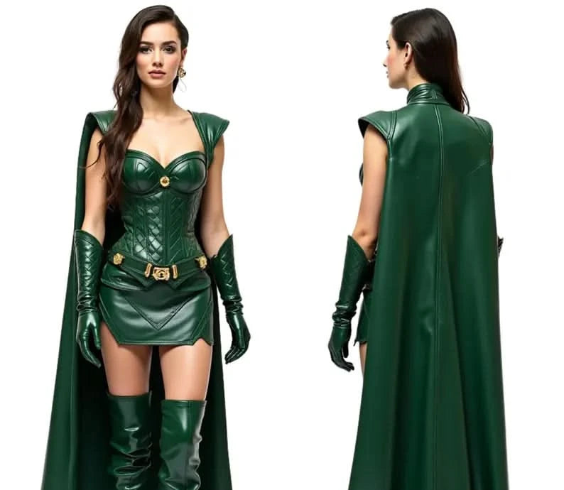 "Close-up front and back view of the Female Loki costume, showcasing the detailed green superheroine outfit with gold accents, seductive corset design, flowing cape, and high boots, offering a powerful and elegant warrior look perfect for cosplay or Halloween. - Creed Leather
