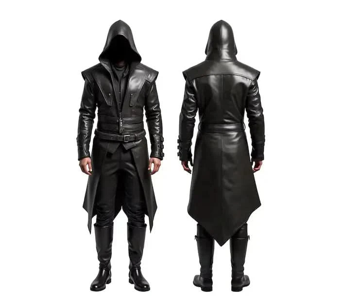 Full front and back view of black leather Assassin Outfit, including hooded cloak and dark knight leather jacket. Perfect for cosplay, this outfit features gothic fantasy and medieval armor details for an iconic look. - Creed Leather