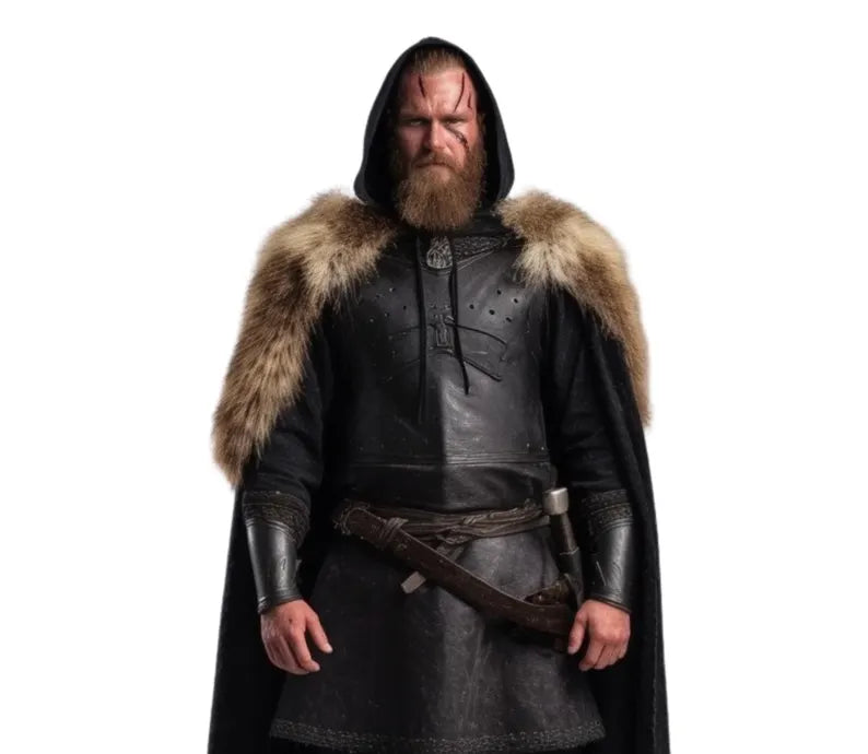Close-up of the front design and fur mantle of the Viking Cloak – detailed medieval craftsmanship in suede leather and wool.