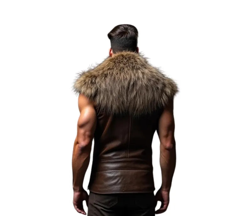 Close-up back view of The Lone Alpha Viking fur leather armor â detailed cowhide stitching and fur trim on medieval brown leather vest for cosplay warriors. - Creed Leather