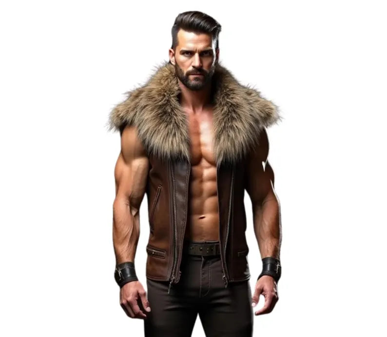 Close-up front detail of The Lone Alpha handmade cowhide leather Viking vest â rugged brown medieval leather jacket with thick fur collar for LARP and cosplay. - Creed Leather