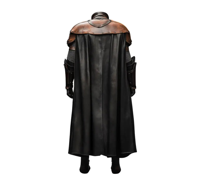 Back view of handmade leather Vatican Guard armored cloak — Guardian of the Cross cosplay cloak showing adjustable laced back, handcrafted stitching, and flowing leather medieval cloak design for LARP and cosplay events. - Creed Leather