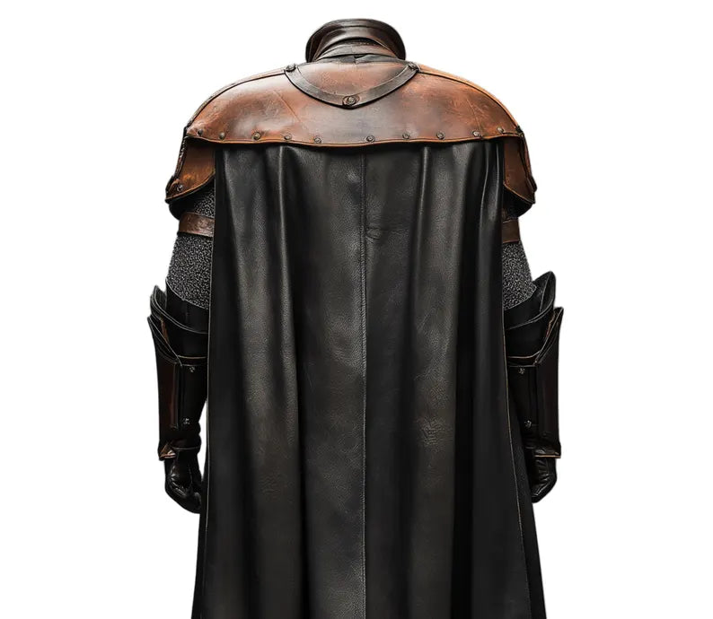 Close-up of the back of handmade leather armored cloak — detailed view of adjustable laces, fine stitching, and rich brown-black leather texture — Guardian of the Cross Vatican Guard medieval cosplay cloak. - Creed Leather