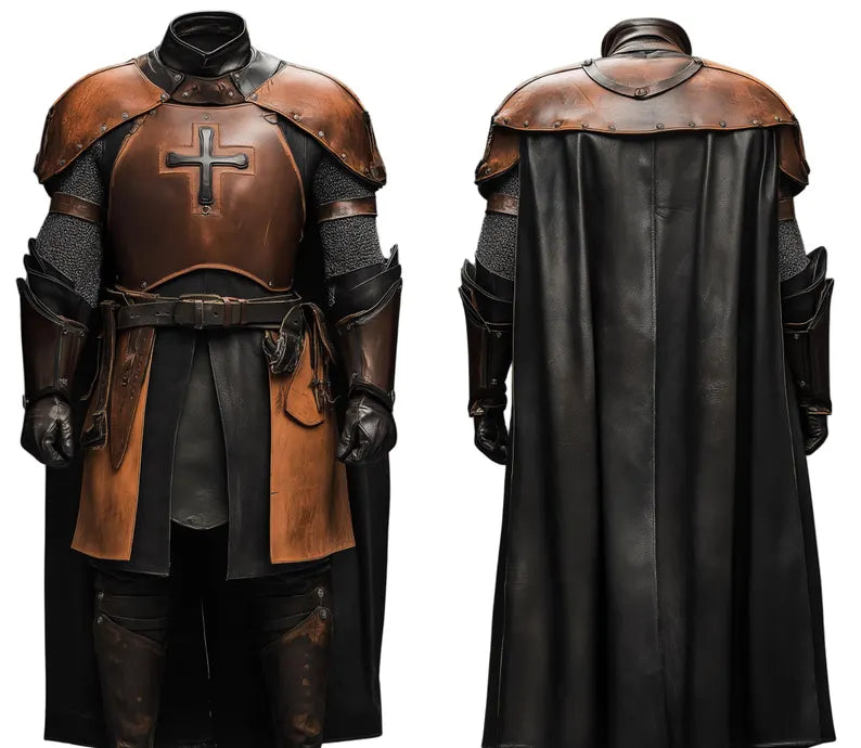 Close-up composite of front and back of Guardian of the Cross leather armored cloak — detailed cross emblem, handcrafted leather shoulder armor, and back laced design — handmade leather Vatican Guard cloak for medieval cosplay, LARP, and priest vintage costume enthusiasts. - creed Leather
