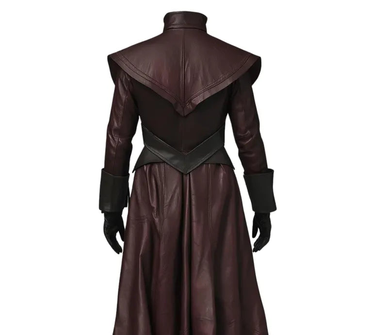 Close-up back view of Phantom Lord leather cosplay costume – handmade maroon Renaissance coat with wide shoulders and flowing leather panels – steampunk nobleman cosplay outfit for LARP and Ren Faire. - creed Leather