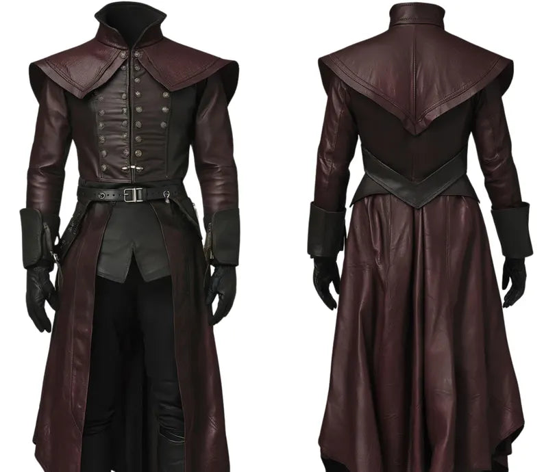 Close-up front and back view of Phantom Lord handmade leather cosplay costume – maroon Renaissance steampunk nobleman outfit with detailed stitching, buttons, and shoulder design – authentic full leather cosplay costume for men. - Creed Leather